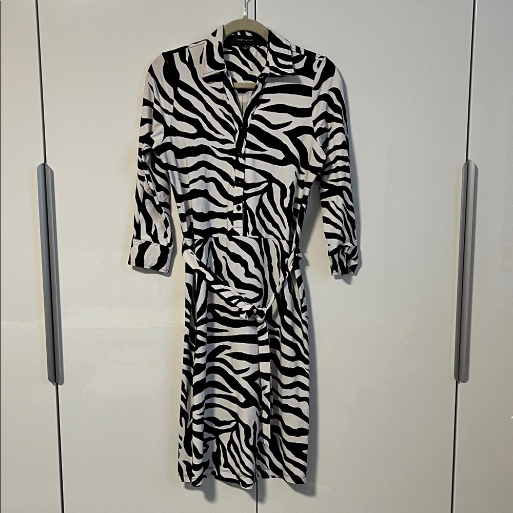Larry Levine Black and White Zebra Print Belted Midi Shirt Dress, Size M